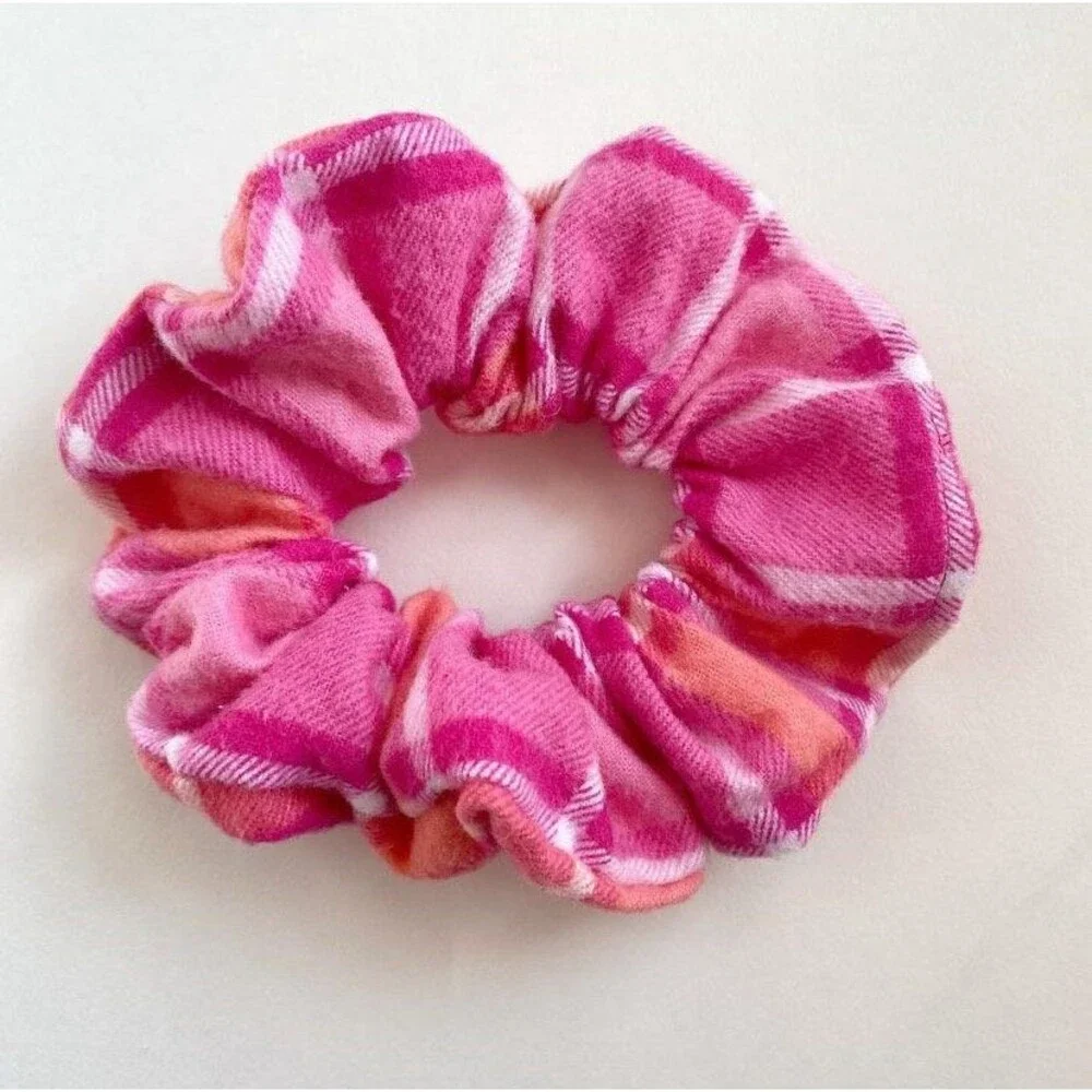 Pink Orange Spring Gingham Scrunchies Sustainable Handmade Hair Accessories